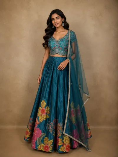 Teal Blue Floral Embroidered Design Chiffon Lehenga